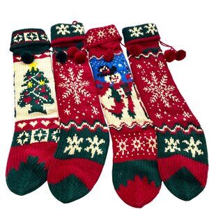 Set Of 4 Vintage Chenille Knit Christmas Stockings Snowman Tree Snowflake PomPom